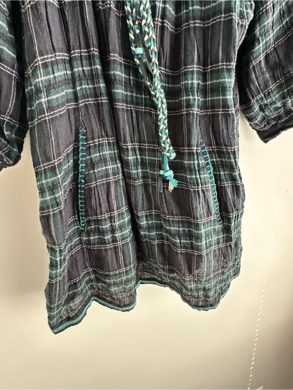 Y2K Zara Navy and Green Plaid Peasant Tunic with Braided Tie S - Picture 8 of 10